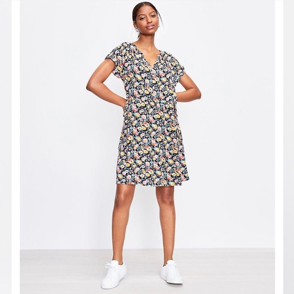 LOFT Floral Side-Tie Henley Mini Dress, MP, Navy and Red/Orange/Yellow - Picture 11 of 16